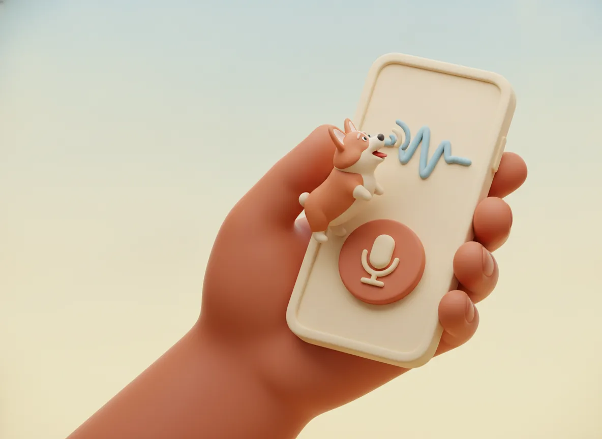 Phone held toward a dog — speak or tap in Dog Translator to play a bark back