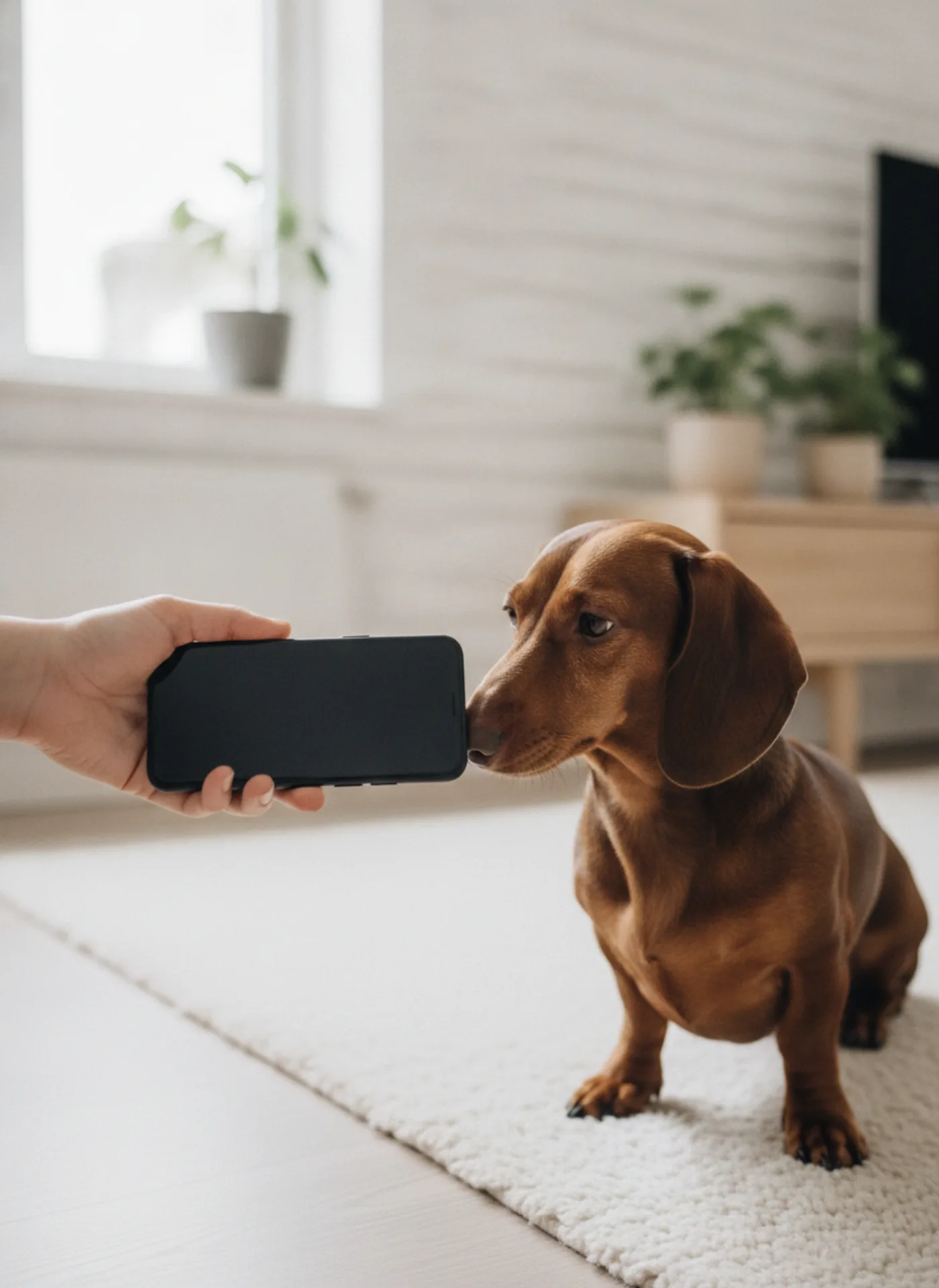 Une main tend un téléphone vers un teckel curieux dans un salon lumineux