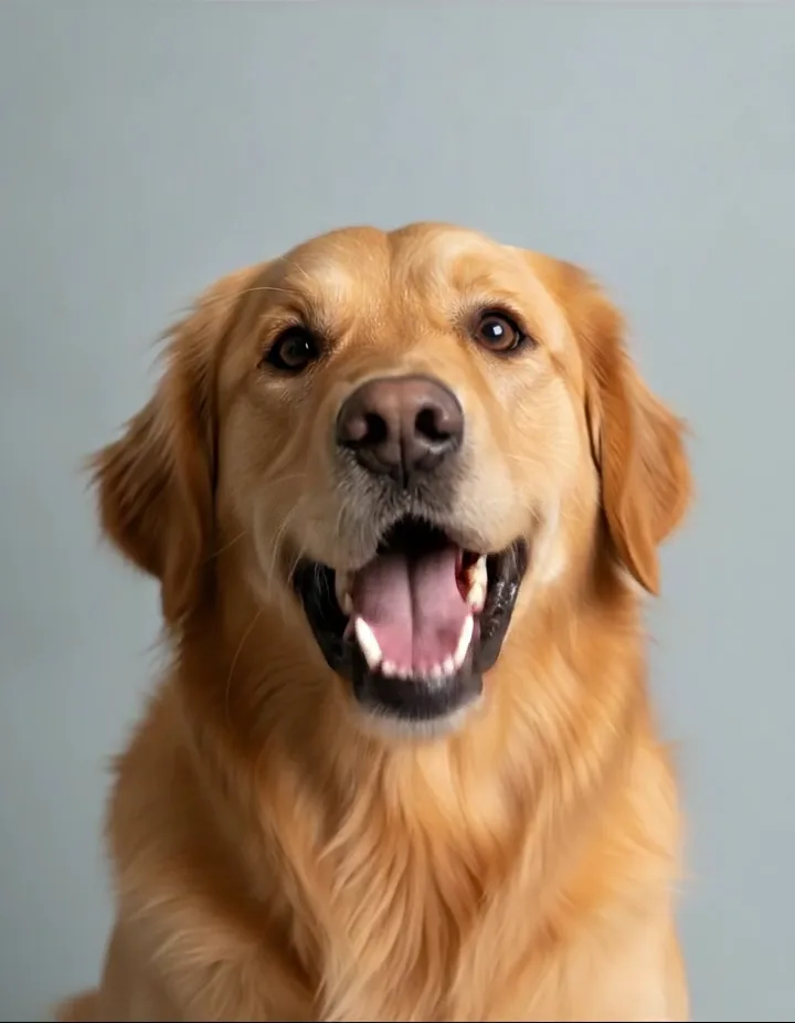 Studio portrait of a golden retriever mid-bark, one ear up, against a warm beige backdrop